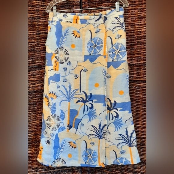 Nicole Miller New York Skirt Women's Large Blue 100% Linen Resort Wear Wrap Midi - Picture 1 of 11